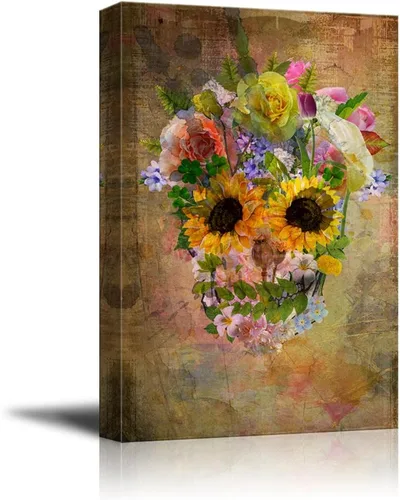 Miniatura 12 de wall26 - Lienzo decorativo para pared, calavera y flores sobre fondo abstracto, arte moderno para el hogar, listo para colgar, 32 x 48 pulgadas Obra