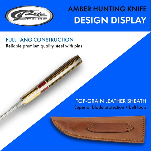 Miniatura 4 de SZCO Full Tang Upsweep - Cuchillo de caza de 9.5 pulgadas, cuchillo de bolsillo con hoja de acero inoxidable, mango de madera ámbar rojo/latón