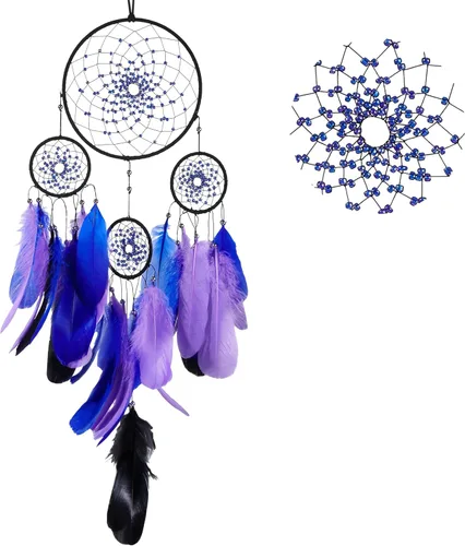 Atrapasueños de color azul estrellado, plumas de ganso con multianillo, hecho a mano, gran atrapasueños para dormitorio, atrapasueños para niñas,
