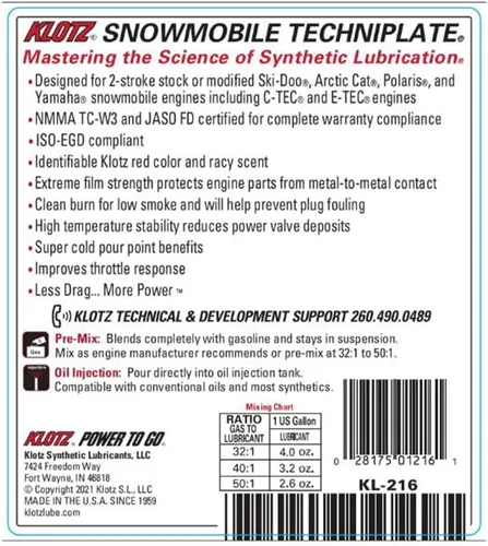 Miniatura 3 de Klotz Aceite para motos de nieve, lubricante de motor sintético puro Estorlin de 2 tiempos (KL-216)