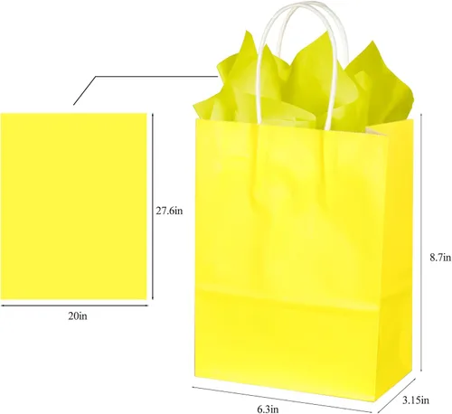 Miniatura 5 de BLEWINDZ 32 Bolsas Pequeñas de Papel para Regalos con Papel de Seda, Bolsas Amarillas para Obsequios de Fiesta con Asas, Bolsa de Golosinas de 8.7