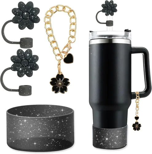 Miniatura 10 de Accesorios para juego de tazas Stanley, 2 tapas de paja de flores reutilizables de 0.394 pulgadas (0.394 in), 1 dije de mango lindo y 1 funda