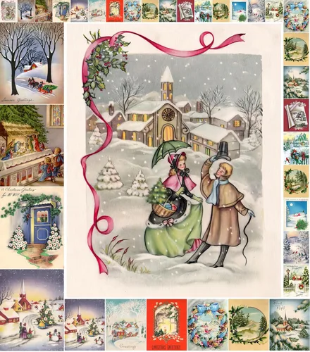 Paquete de papel para decoupage (35 hojas 15x20 cm) Paisajes navideños FLONZ Estilo vintage Imágenes navideñas para decoupage, manualidades y