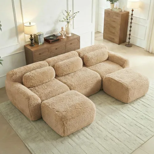 Miniatura 9 de Sofás de nube sin hueso de 80.4 pulgadas, tela de felpa suave y esponjosa, sofá cama modular con 2 otomanas, sofás de dos plazas de chocolate,