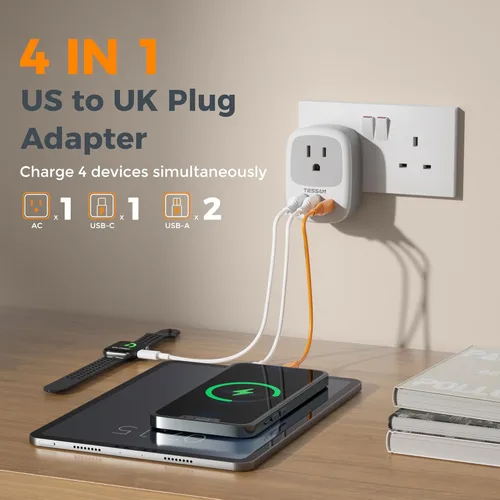 Miniatura 3 de TESSAN Ireland - Paquete de 2 adaptadores de enchufe para viajes, adaptador de enchufe TESSAN Irlanda con 3 puertos USB (1 USB C), toma de corriente