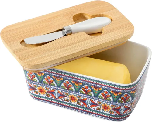 Miniatura 13 de Hasense Mantequillera de porcelana con tapa de bambú – Mantequera cubierta con cuchillo de mantequilla para encimera, recipiente hermético