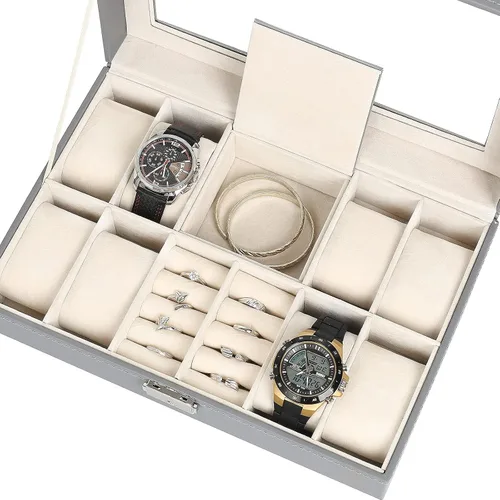 Miniatura 2 de NEX Caja de reloj, 8 ranuras de cuero con cerradura para reloj con almacenamiento de anillo para mujeres y hombres (gris)