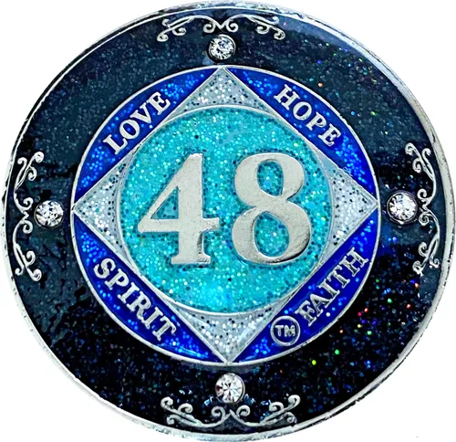 Miniatura 33 de NA 1 año de cristales y medallón de purpurina, moneda chapada en color plateado, arco iris negro, purpurina azul y cuatro cristales transparentes