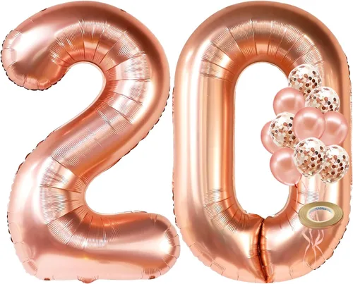 KatchOn, Globos de oro rosa con el número 20 de 40 pulgadas, paquete de 12, 20 globos con confeti, bonitas decoraciones de cumpleaños de 20 años