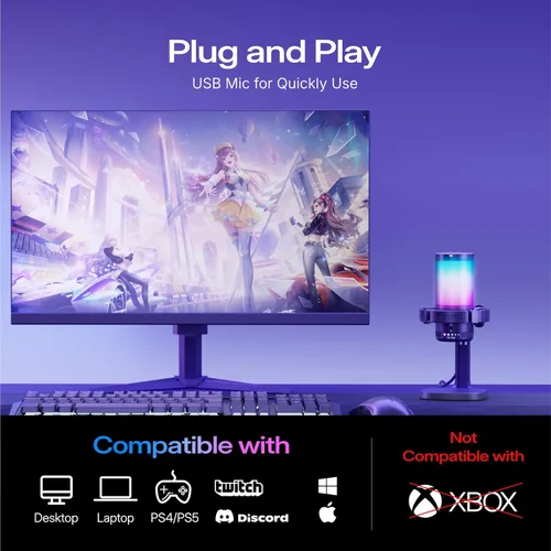 Miniatura 7 de MAONO USB Gaming Microphone for PC, Noise Cancellation Condenser Mic with RGB Lights, Mute, Gain for Streaming, Recording, Podcast, Chat, Twitch