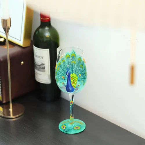 Miniatura 4 de NymphFable Copas de vino pintadas a mano con diseño de pavo real, 15 onzas, coloridas copas de vino personalizadas, regalo de cumpleaños para mujeres