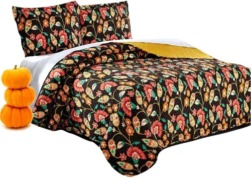 Miniatura 6 de DaDa Bedding Collection Marigold's Elegant Autumn Garden - Juego de colcha reversible acolchada – Brillante vibrante floral multicolor sólido