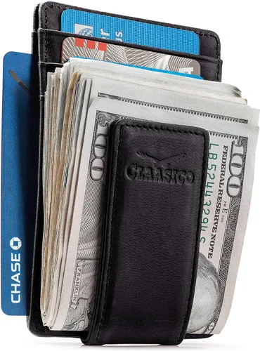 Miniatura 19 de Billetera de cuero con clip para dinero, bolsillo frontal delgado, bloqueo RFID con imán súper fuerte