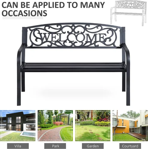 Miniatura 6 de Outsunny Banco de bienvenida de metal para exteriores de 50 pulgadas, banco de jardín con asiento de listones, banco de patio para parque, porche