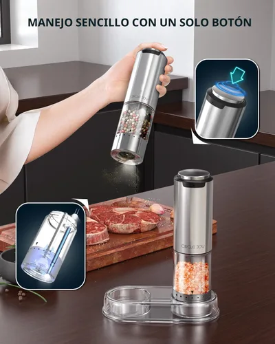 Miniatura 5 de CIRCLE JOY Juego de molinillo de sal y pimienta eléctrico recargable con base, molinillos de pimienta de acero inoxidable con contenedor de 95ml