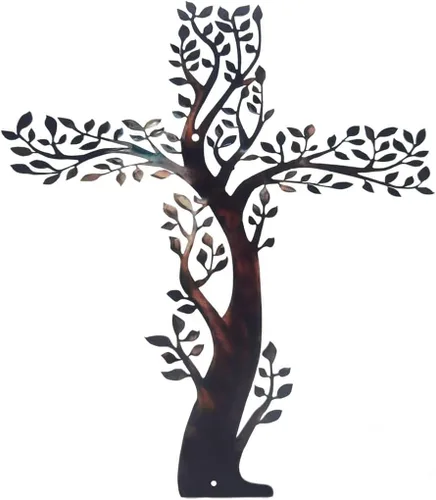 AMNGYOOK Arte de pared de cruz de metal, 11.8 x 8.7 pulgadas. Cruces colgantes de árbol de la vida de metal, cruces de pared de metal para jardín,