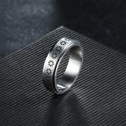Miniatura 6 de FIBO STEEL Anillo giratorio de acero inoxidable para mujeres y hombres, anillos de banda para la ansiedad, luna y estrella, flores, juego de anillos