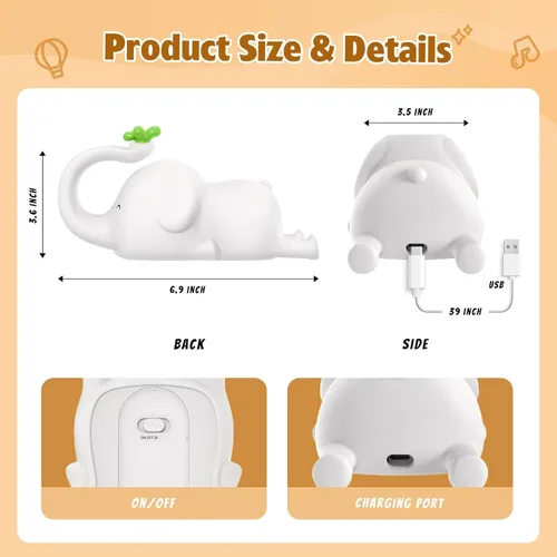 Miniatura 5 de Luz nocturna de silicona con forma de elefante para niños - Lámpara LED recargable y regulable en 3 niveles, control táctil, luz suave de animales