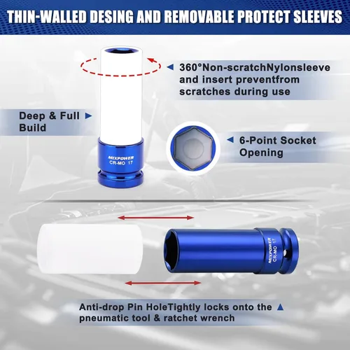 Miniatura 6 de MIXPOWER Protector de rueda de transmisión de 1/2 pulgada, juego de 7 piezas de enchufe de impacto profundo de pared delgada, enchufe de tuerca