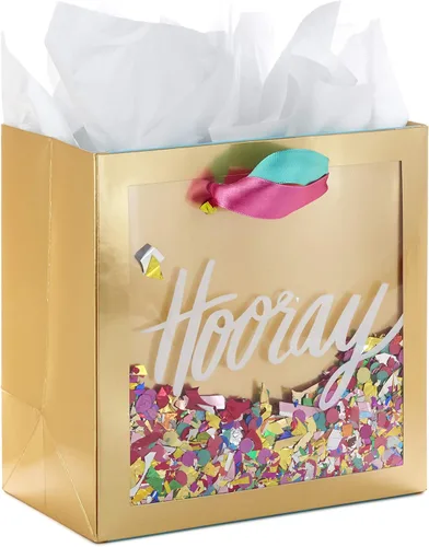 Hallmark Signature - Bolsa de regalo de 7 pulgadas (tamaño mediano) con papel de seda (¡Hurray! Oro con confeti rosa, turquesa, púrpura) para