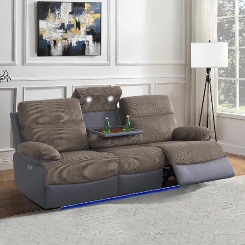 Miniatura 16 de Juego de 3 piezas para sala de estar, sofá reclinable eléctrico de cuero con puertos USB, iluminación LED y portavasos, asientos de cine en casa