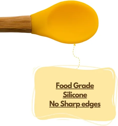 Miniatura 8 de Cucharas de bambú para bebé, paquete de 4 cucharas de destete para niños pequeños, cuchara de silicona con punta suave de mango de bambú, utensilio