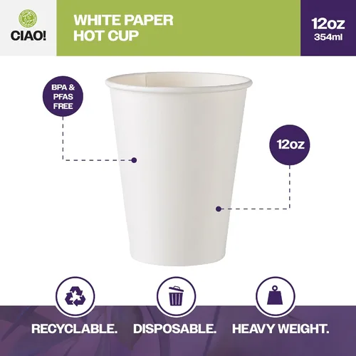 Miniatura 2 de CIAO! Vaso de papel blanco para bebidas calientes de 12 onzas, desechable, 90 mm de diámetro, 1.000