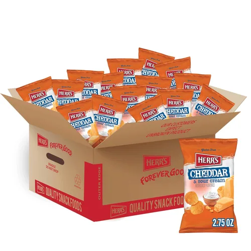 Herr's Papas fritas cheddar y crema agria, 2.75 onzas (paquete de 24 bolsas) - Papas fritas saladas con sabor cheddar y cremoso - Ideal para