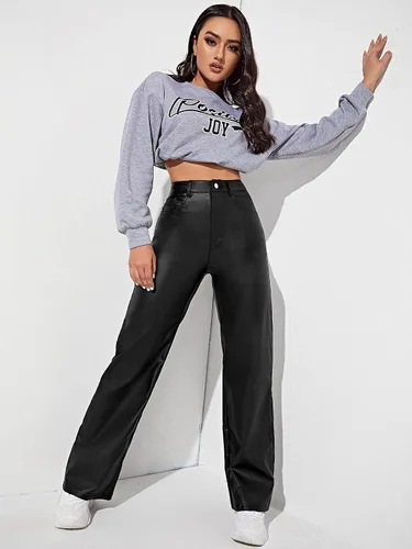 Miniatura 5 de MakeMeChic Pantalones de mezclilla de piel con bolsillos de cintura alta para mujer