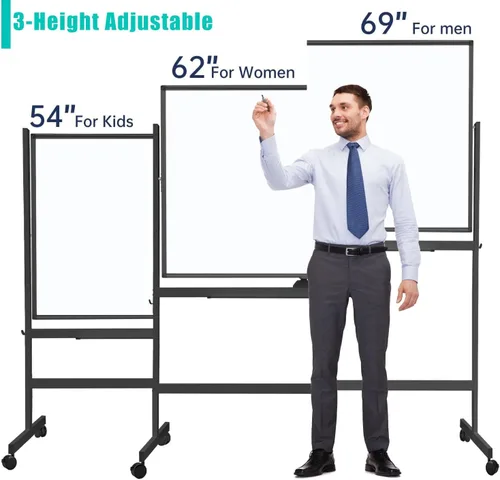 Miniatura 4 de BIBOC Pizarra blanca móvil grande de borrado en seco de 32 x 48 pulgadas con soporte rodante, pizarra blanca ajustable de altura de doble cara