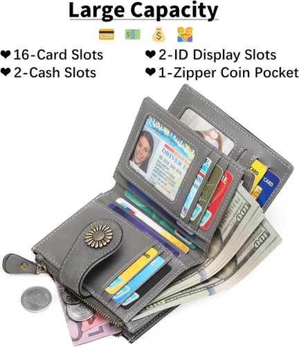 Miniatura 2 de SENDEFN Cartera pequeña de cuero plegable para mujer, con bloqueo RFID y bolsillo para monedas con cremallera, 1-gris, Cartera pequeña para mujer