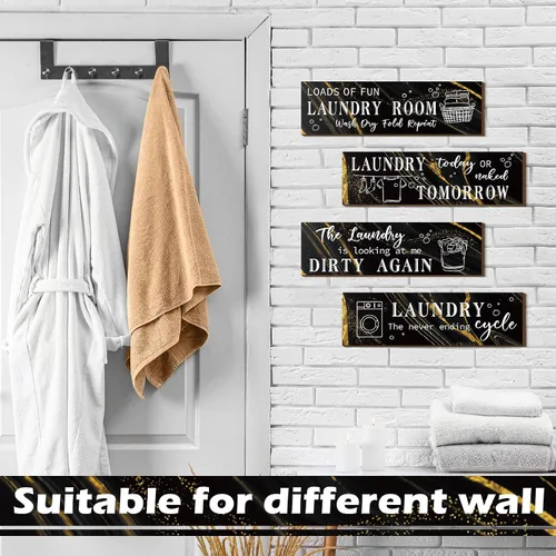 Miniatura 7 de Yulejo 4 piezas de decoración de pared para cuarto de servicio, divertido letrero de madera con citas humorísticas, decoración rústica de granja