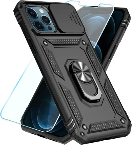 Miniatura 2 de SunStory Funda compatible con iPhone 12 Pro Max con protector de pantalla HD, cubierta de cámara deslizante y soporte de anillo giratorio