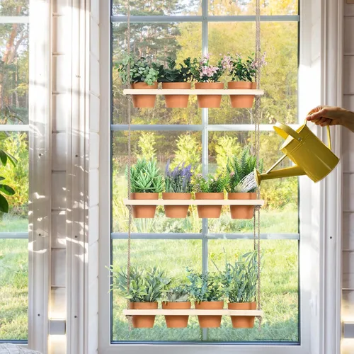 Miniatura 5 de FillTouch Macetas colgantes de hierbas de 3 niveles para colgar en la pared de jardín de hierbas con 12 piezas de maceta vertical de madera