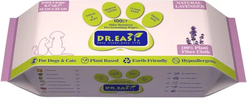 DR.EASY Toallitas removedoras de olores para mascotas, 100 unidades, ingredientes a base de plantas de lavanda para limpieza de patas, cuerpo, nariz