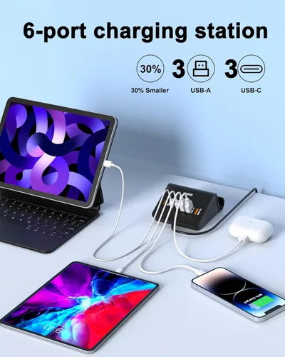 Miniatura 2 de Estación de carga USB C 35W, VHBW de 6 puertos (3 USB-C y 3 USB-A) Estación de carga rápida de escritorio para iPhone 14/13/12, Samsung Galaxy