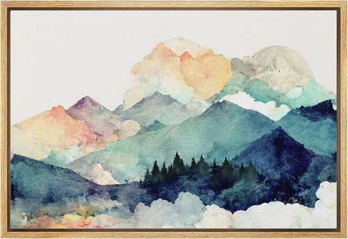 Miniatura 46 de wall26 Lienzo enmarcado de arte de pared, acuarela en tonos pastel, pino, árbol, bosque, lago, naturaleza, ilustraciones de área silvestre, arte