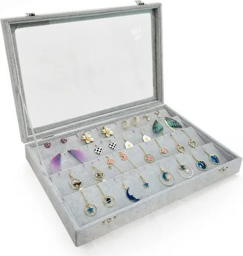 Miniatura 5 de Organizador de almacenamiento de pendientes de terciopelo de hielo con tapa transparente grande, caja de joyería, soporte para aretes, vitrina gris