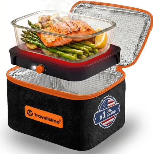 Miniatura 10 de TRAVELISIMO Microondas portátil, calentador de alimentos portátil para uso en el trabajo y el hogar, caja de almuerzo con calefacción 12V/24V/110V