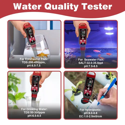 Miniatura 7 de Medidor digital de pH de piscina y probador de sal con batería AAA 5 en 1 pluma de pH Medidor de pH de sal roja