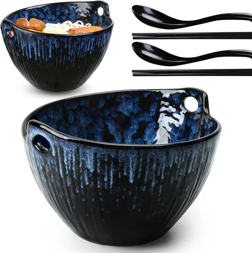 Miniatura 13 de Donburi - Juego de 2 cuencos de cerámica para fideos con palillos y cucharas, juego de 2 cuencos Donburi aptos para lavavajillas para pasta