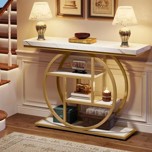 Miniatura 5 de Tribesigns Mesa de Consola de 41.3 pulgadas, Mesa Industrial de 4 Niveles para Sofá de Entrada con Base Circular, Mesas Decorativas de Madera Oro
