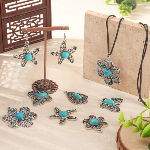 Miniatura 3 de PH PandaHall PandaHall - 10 dijes bohemios de mariposa turquesa en 5 estilos de flores turquesas, dijes de joyería occidental para manualidades