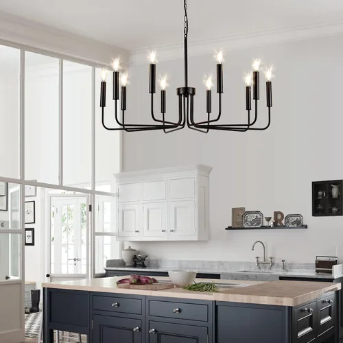 Miniatura 30 de Lámpara colgante estilo granja, luces colgantes negras para isla de cocina, luz colgante de metal industrial y madera vintage, lámpara de techo
