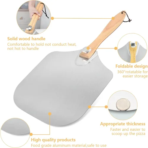 Miniatura 3 de Luvan Pala de pizza de metal de aluminio con mango de madera plegable, cáscara de pizza de aluminio de 12 x 14 pulgadas, paleta de pizza plegable