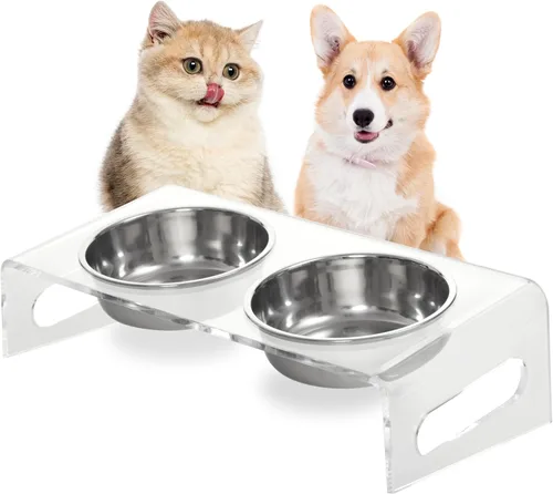 Miniatura 9 de Cuencos elevados inclinados para alimentos y agua para gatos o perros pequeños, soporte para 3 platos de acrílico transparente para cachorros