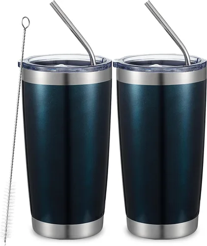 Miniatura 48 de COMOOO Taza de viaje de acero inoxidable de doble pared aislada al vacío de 20 onzas con tapa y pajita, taza de café aislada con recubrimiento