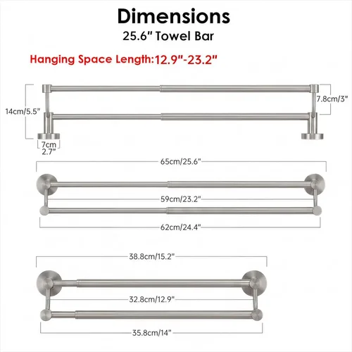 Miniatura 6 de BESy Toallero de baño doble ajustable de 16 a 26 pulgadas para baño, soporte de toalla de acero inoxidable SUS304, soporte de pared estilo hotel