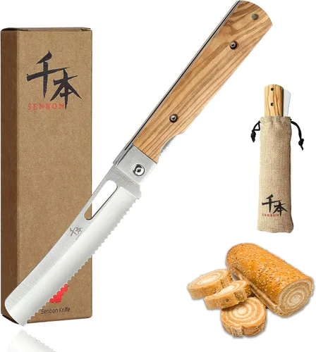 SENBON Cuchillo de bolsillo plegable de acero inoxidable 440A con sierra para pan japonés, mango natural de oliva, para camping al aire libre,