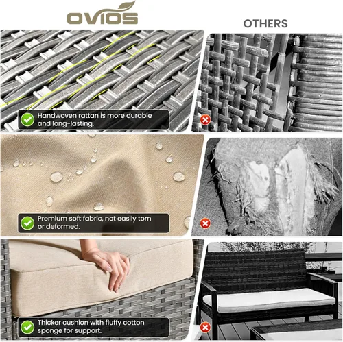 Miniatura 7 de ovios Juego de muebles de patio de 8 piezas, sofá de mimbre para exteriores con sillas giratorias, mecedora con cojines cómodos, juego de Beige